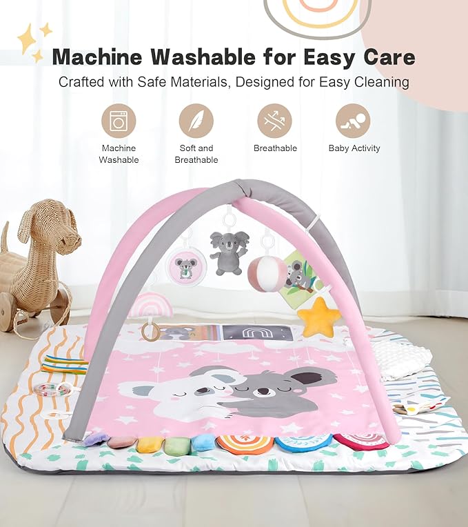 Baby Play Mat Activity Gym, 6 Developmental Zones Tummy Time Mat, 6 Detachable Sensory Toys and Educational Cards, Essential Baby Shower Set, Pink Koala