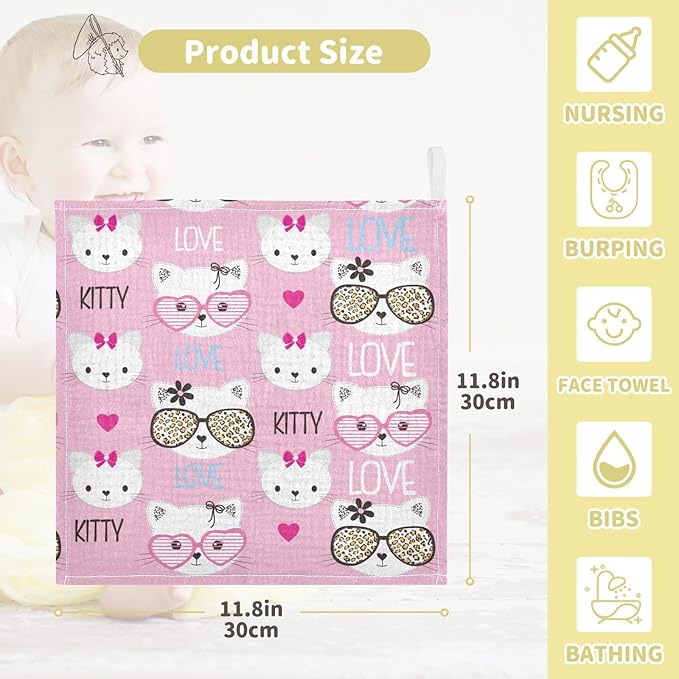 vvfelixl Baby Muslin Washcloths Childish Cats Pattern Baby Burp Cloths Cotton Baby Face Towel for Newborn Infants Boy Girls Soft and Absorbent 11.8 X 11.8 in, 3 Pack