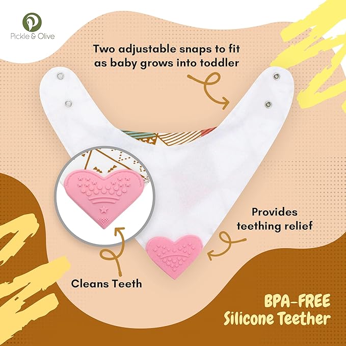 Pickle & Olive Baby Girl Bandana Teething Bibs - Attached Heart Teether - Set of 4 - Pink