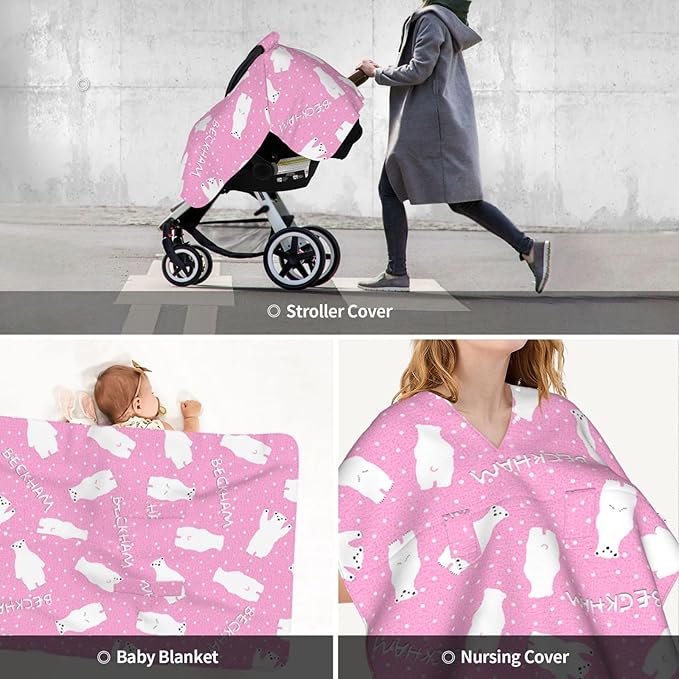 Personalized Baby Car Seat Canopy for Babies with Name, Custom Polar Bear Pink Stroller Car Seat Covers for Girls, Minky Nursing Carseat Cover for Breastfeeding, Car Seat Canopies for Newborn