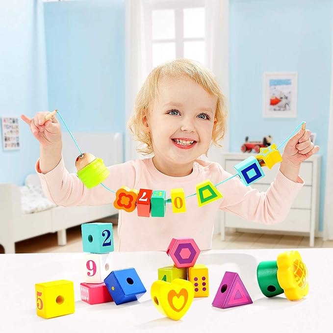 TOP BRIGHT Wooden Lacing Beads for Toddlers, Kids Fine Motor Skills Montessori Toys for 1 2 Year Old Girls Boys, Threading Toys for Two Year Old Girl Birthday Gifts