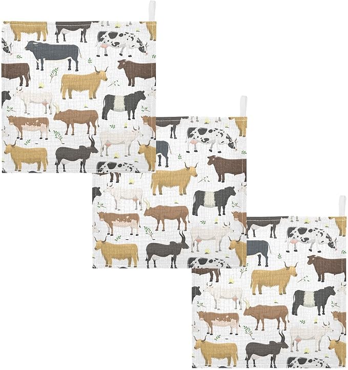 Baby Washcloths Cotton Bulls Cows Cattle Baby Muslin Washcloths Soft Baby Face Towel for Newborn Infants Baby Wipes, 11.8 X 11.8 Inch, 5 Pack White