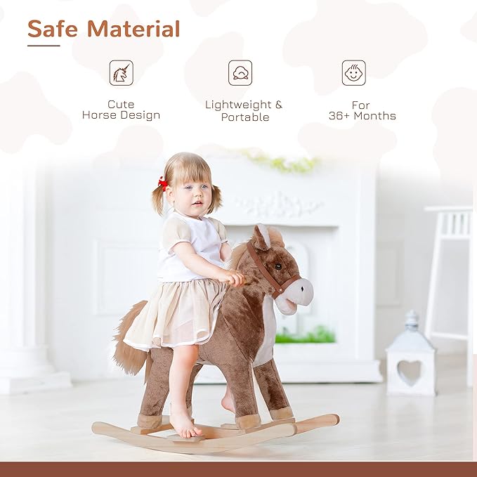Qaba Kids Rocking Horse, Ride on Horse for Toddlers with Soft Plush Body, Wooden Base & Handle Grip for 3+ Year Old Boys and Girls, Brown