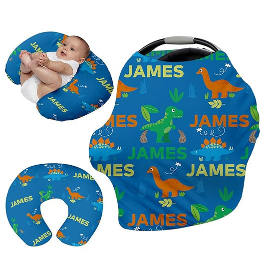 Custom Name Car Seat Canopy - Baby Car Seat Covers, Blue Dinosaur Pattern Infant Stroller Cover, Carseat Canopy Christmas Birthday Gifts for Girls and Boys(27"x29")