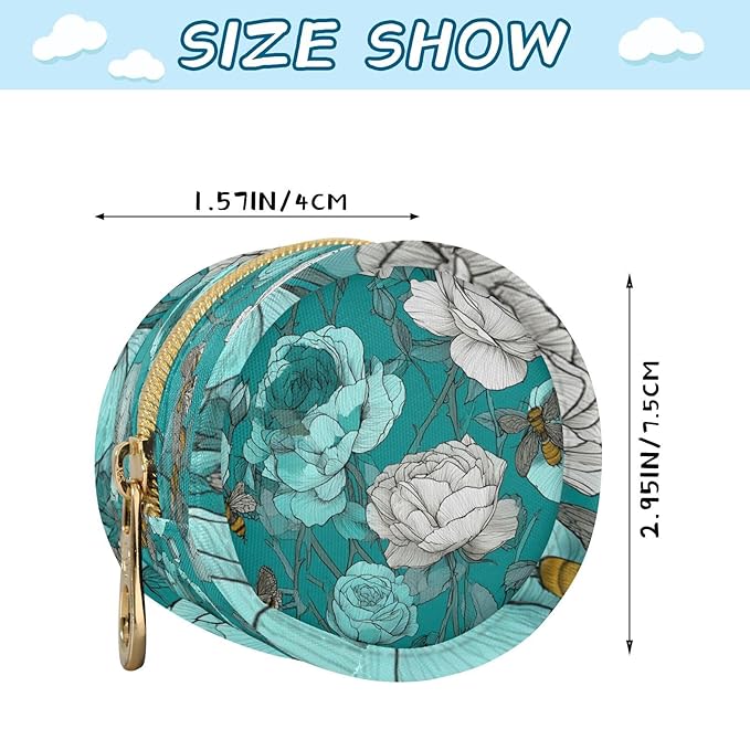 Pacifier Holder with Clip Pacifier Case for Diaper Bag Round Baby Pacifier Pouch Box Bag Portable Cute Teal Roses Bees