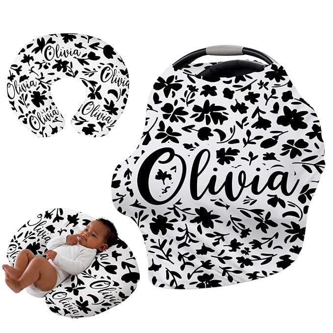 Custom Car Seat Covers for Babies - Breathable Baby Car Seat Cover for Girls Boys, Kick-Proof Newborn Carrier Canopy Stretchy Stroller Cover for 4 Seasons Black Flower Pattern