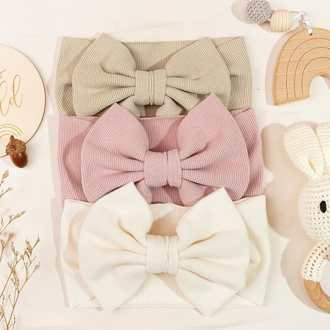 JOYOYO 3 Pcs Soft Wide-Knit Baby Headbands with Large Bow Hair Accessories for Newborn, Infant, Toddler, Kids（Beige Khaki Pink）