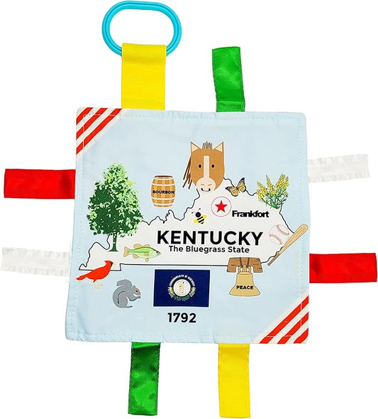 Baby Jack & Co 8x8” Learning Lovey Kentucky State Tag Stroller Toy for Babies - Crinkle Toys for Developing Five Senses - Learn USA State Facts - Travel with Baby Jack - BPA Free w/Stroller Clip