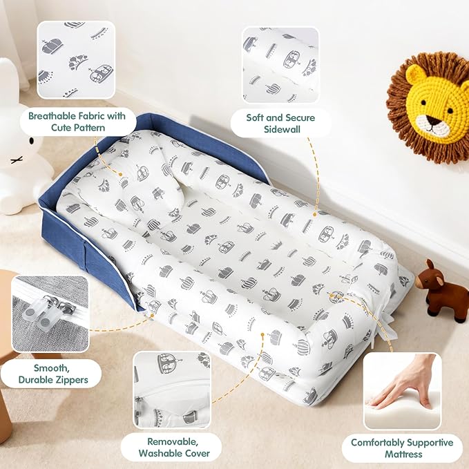 Portable Baby Lounger - Foldable Infant Lounge with Adjustable U-Shaped Bumper & Storage Bag, Breathable Cotton Snug Spot for Supervised Rest & Play at Home or On The Go,Blue Crown