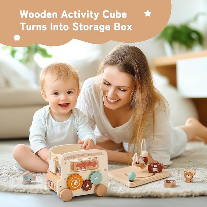 Wooden Activity Cube - 8 in 1 Montessori Toys Boys Girls, Multipurpose Educational Learning Toys for Toddlers Baby Activity Cubes with Animal Tourism Bus Theme