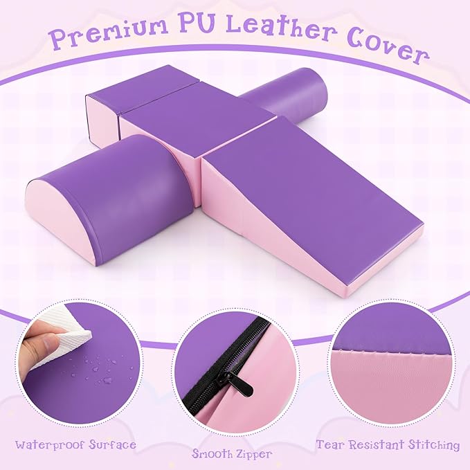Costzon 5 Pieces Climbing Toys for Toddlers, Soft Foam Block Play Structures Infants Climbers for Child Development, Waterproof Kids Climbing Toys Indoor for Preschool Baby (Pink & Purple)