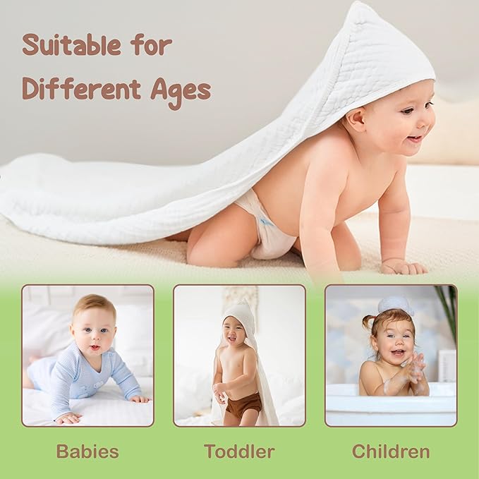 100% Organic Cotton Muslin Baby Hooded Towels - 32x32 Inch, 2 Pack Newborn Bath Towels for Boys & Girls, Soft & Absorbent Bath Set (White)