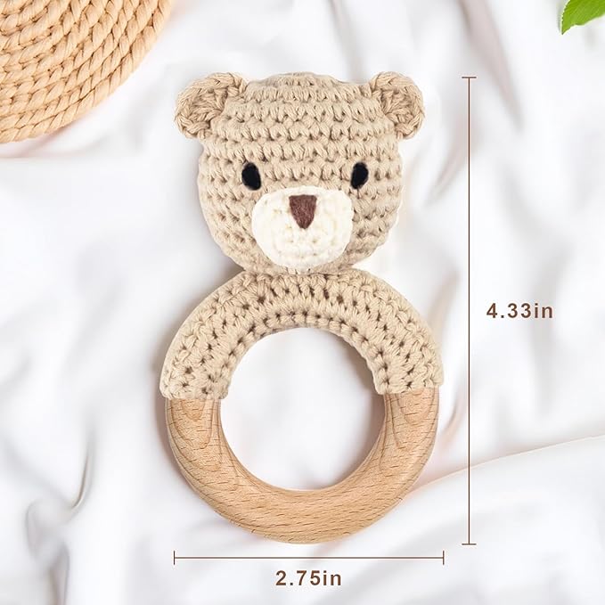 Wooden Baby Rattle, Handmade Crochet Stuffed Animal Organic Rattle Toys, Beige Bear Rattles for Babies 0-6 Months with Wood Teething Rings, Baby Announcements Ideas