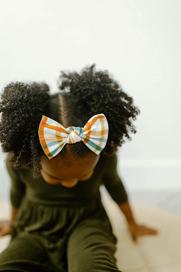 Baby Bling Bows - Newborn to Little Baby Girl Bows, 2 Pack Nylon Super Soft Stretchy Knot Toddler Headbands, Perfect Hair Accessories Head Bands for Infant Kids(Harvest Plaid & Camel)