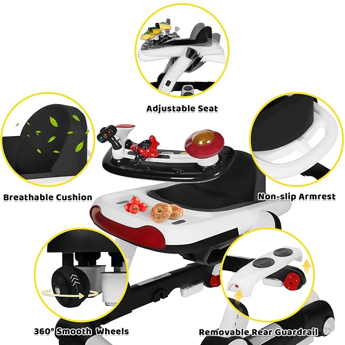 TODEFULL 6 in 1 Baby Walker, Baby Activity Walker for Toddler, Push Walker w/Adjustable Height Speed, Learning-Seated & Walk-Behind, Infant Walker w/Feeding Tray & Music Toys, Black