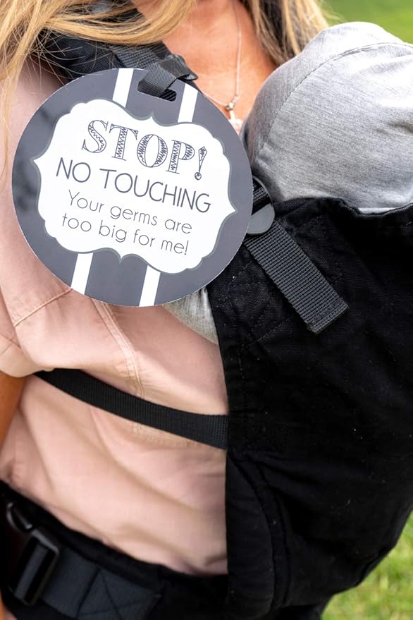 Three Little Tots Baby Safety No Touching Signs - Plastic, Small Signage (12 x 18) inch, Black, White, Minimalist Style - 2 Pack with Strap & Clip for Car Seat, Stroller, Crib, Baby Carrier