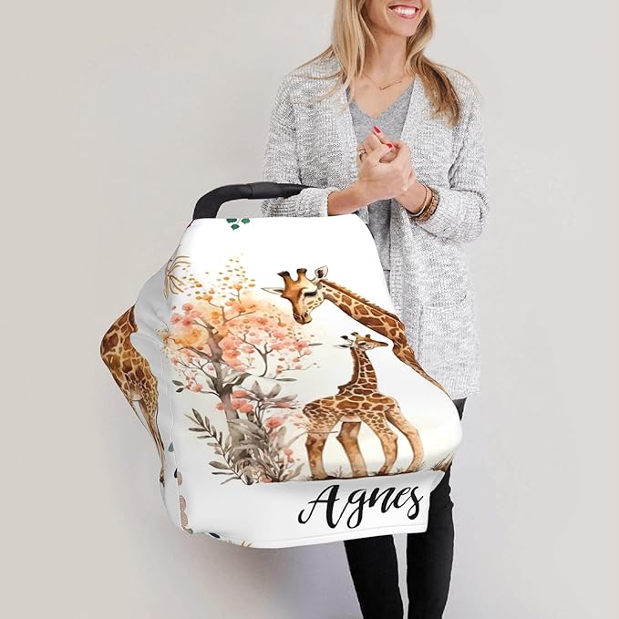 Personalized Giraffe Baby Car Seat Cover with Name,Multi-Use Canopy for Nursing, Strollers,Shopping Carts,Customized Breastfeeding Cover, Full Privacy,Infant Stroller Cover