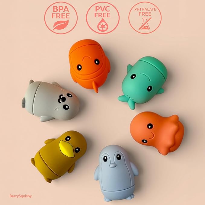 Ocean Friends Baby Bath Toys, Silicone Bath Toys for Babies 9 Months+, Toddler Bath Toys 1-3, Easy to Clean, Opens for Cleaning, 6-Piece Set