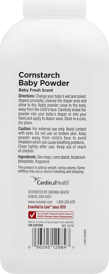 LEADER Cornstarch Baby Powder, Naturally Derived Cornstarch Aloe & Vitamin E, Hypoallergenic, Leaves Skin Silky, Soft and Smooth, Baby Fresh Scent, 15 Ounce (Pack of 2)