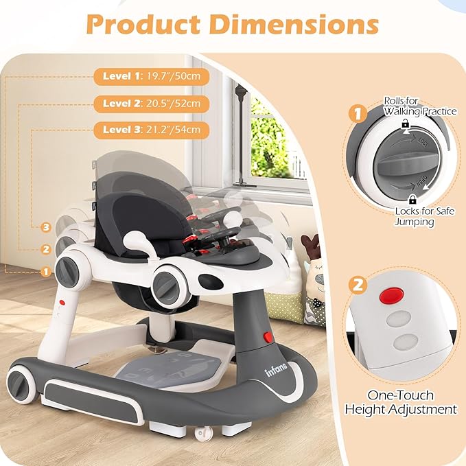 INFANS 6-in-1 Foldable Baby Walker, Converts Push Car to Bouncer, Rocker with Music, Lights, Adjustable Height & Speed, Activity Center, Canopy for 7-18 Months (Gray White)