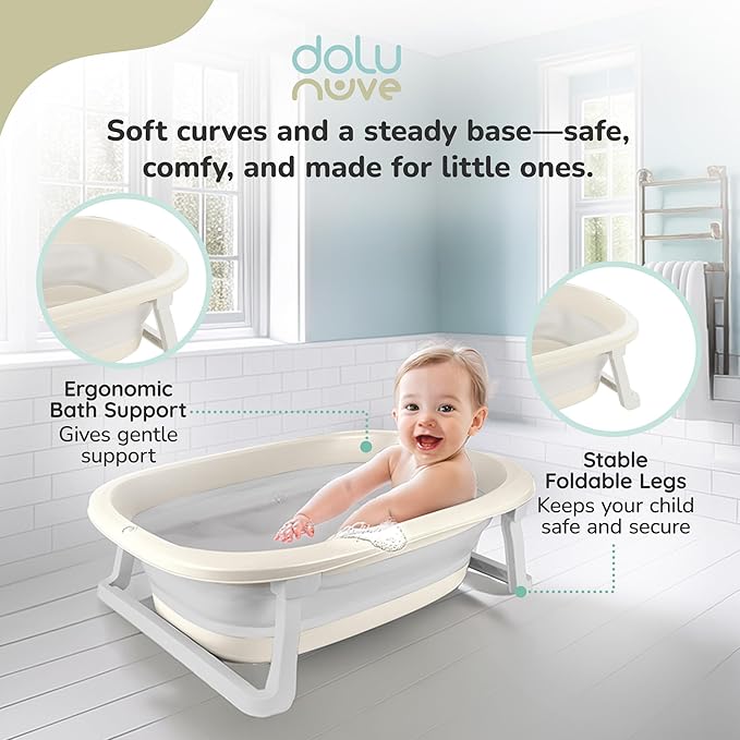 Dolu Nuve Foldable Baby Bathtub, Collapsible Infant and Toddler Bath Tub with Non Slip Feet, Portable Design for Bathroom or Travel, Relax Beige