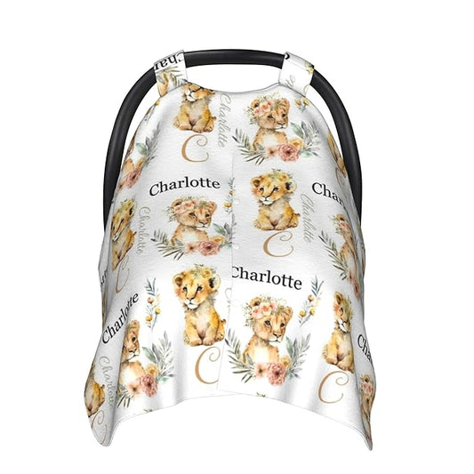 Personalized Winter Carseat Cover for Baby Custom Name Car Seat Canopy for Newborn Baby Boys Girls 2 in 1 Mom Nursing Breastfeeding Covers Lion Minky Baby Carrier Stroller Covers