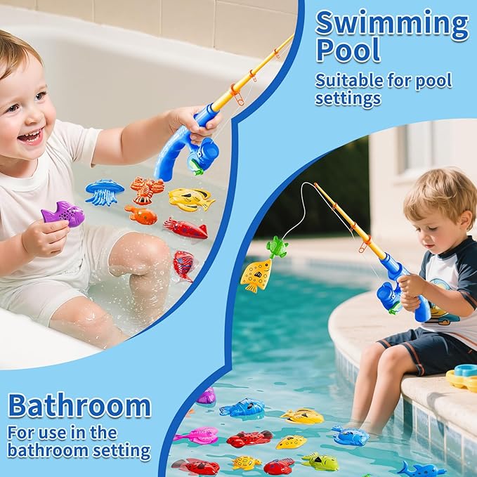 Magnetic Fishing Game Toys for Kids Toddlers 3-5 4-8, Water Table Bathtub Toys with Inflatable Pool Pole Rod Net Floating Fish, Water Bath Pool Outdoor Toys for Boys Girls Age 3 4 5 6 7 8 Year Old