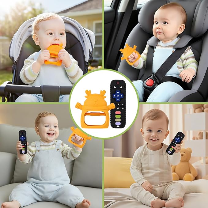Teething Toys 3-18 Months Baby Teether Toy Toddler Remote Teether for Babies Silicone Hand Teether Mitten Control Remote Teething Glove Set, BPA Free