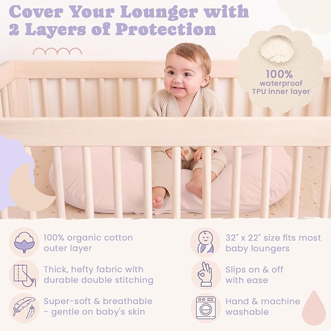 100% Waterproof Baby Lounger Cover - 2-Ply Organic Cotton Slipcovers Keep Your Lounger Clean & Your Baby Comfy - Machine Washable - (Lounger Not Included) - 2-Pack Includes Cream & Peach