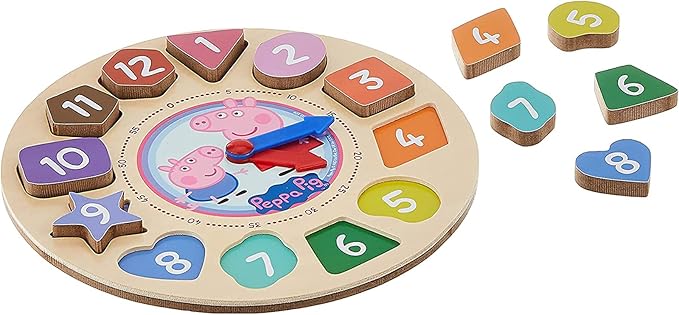 Peppa Pig Clock Puzzle Shape Sorting Game for Toddlers, Kids ~ 5 Pc Learning Toy Bundle with Peppa Wooden Clock, 3 Flash Card Packs, and More (Peppa Pig Wooden Toys)