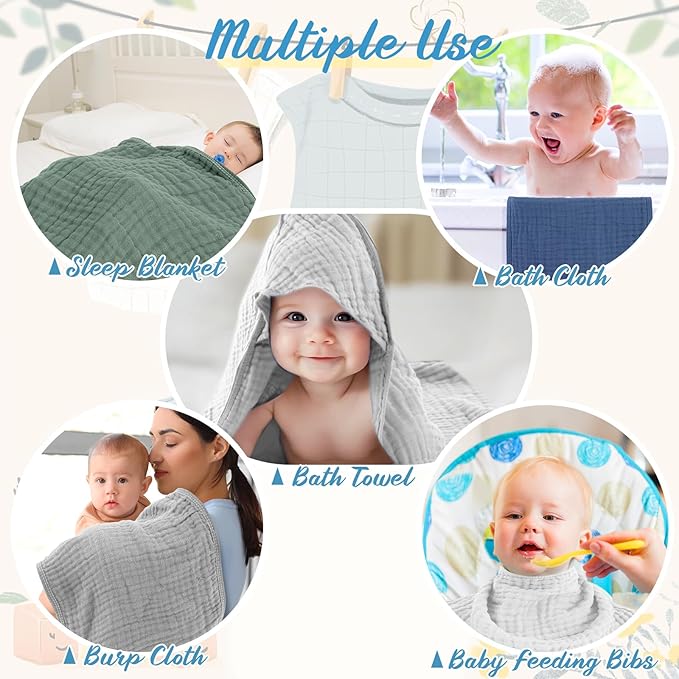 VitalCozy 12 Pcs Baby Muslin Hooded Bath Towels and Washcloths, Muslin Hooded Baby Towels Absorbent Blankets for Gift Newborn Infant Shower (Green Blue Gray)