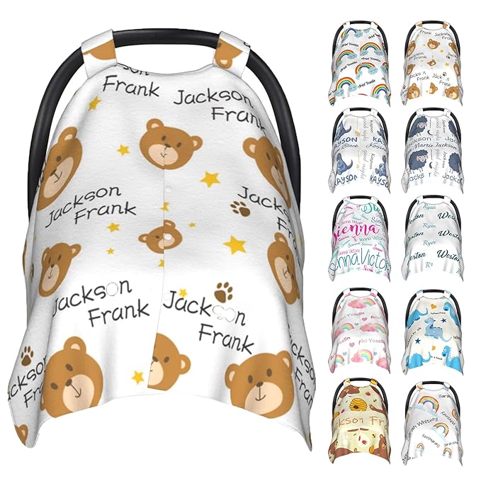 Personalized Baby Car Seat Cover Canopy with Name for Girls Boys Custom Bear Baby Carrier Covers