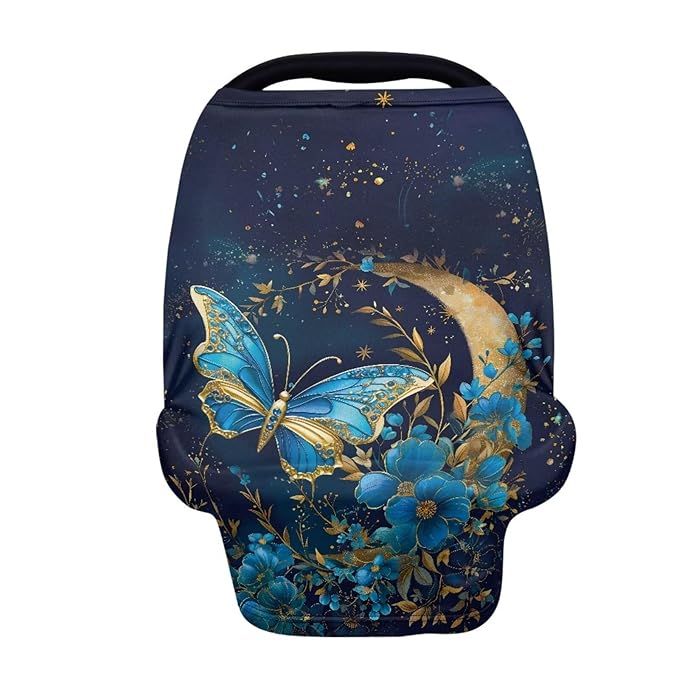 Blue Butterfly Car Seat Canopy for Baby Girls,Floral Pattern Nursing Cover Elastic Breastfeeding Cover Soft Car Infant Seat Cover