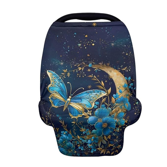 Blue Butterfly Car Seat Canopy for Baby Girls,Floral Pattern Nursing Cover Elastic Breastfeeding Cover Soft Car Infant Seat Cover