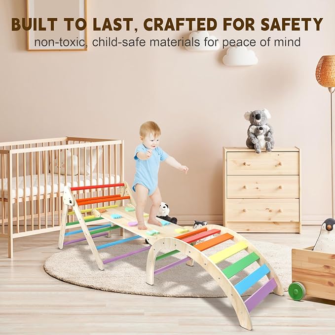 Triangle Climbing Set, 7 in 1 Wooden Climbing Toys for Toddler 18 Months-3 Years Inside, Foldable Colorful Montessori Jungle Gym, Pikler Triangle Toddler Indoor Playground with Cars Arch Ramp Ladder