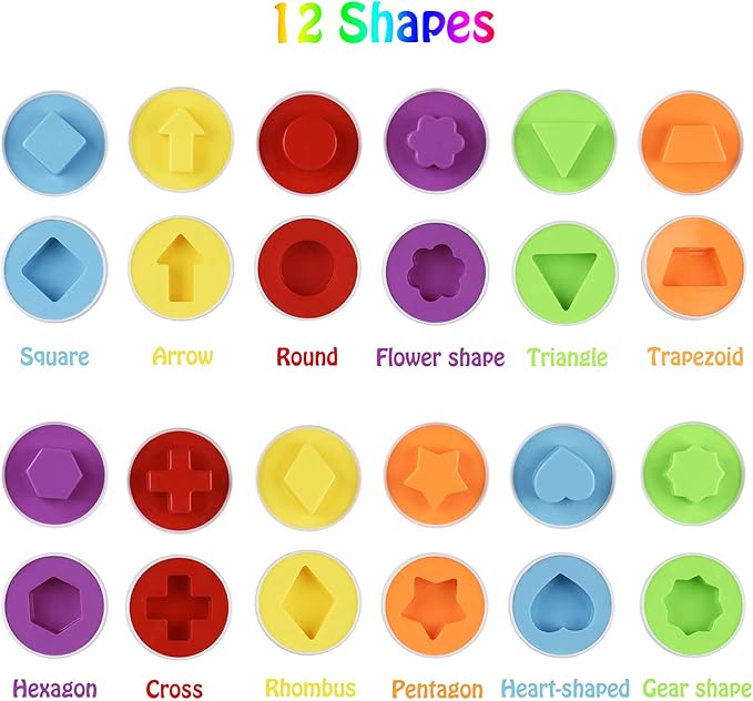 Hhyn Color Shape Matching Eggs for Toddlers, Preschool Learning Educational Sorting Easter Eggs Toys Gift Recognition Skills for Kids Boys Girls with Pink Eggs Holder, 12 Eggs