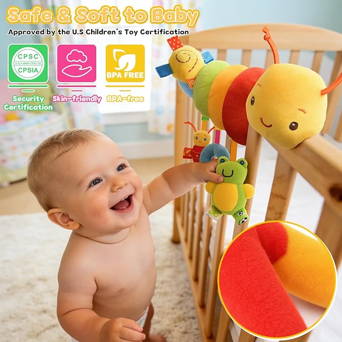 FPVERA Car Seat Toys for Babies 0-6 Months, Hanging Carseat Toys for Infants 0-12 Months, Spiral Plush Caterpillar Sensory Stroller Toy with Rattles for Baby Essentials Newborn Boy Girl Shower Gifts
