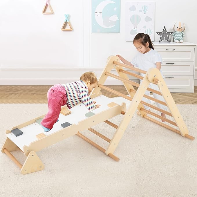 Olakids Pikler Triangle Set 7 in 1 Climbing Toys for Toddlers Foldable Baby Wood Montessori Jungle Gym with Angle Adjustable Ladder Seesaw Ramp Indoor Playground (Wood)