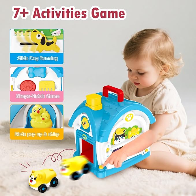 Ming You Interactive Toys for 1 2 3 Year Old Boy Gifts, Baby Musical Toy House with Stuffed Puppy, Car, Learning Educational Toy for Toddler 1-3, Christmas Birthday Gifts for 1 Year Old Boy (Blue)