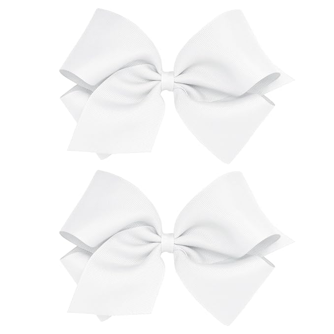 Wee Ones Girls 2 Pack Grosgrain Hair Bows with Plain Wrap Centre on a Wee Stay No Slip Clip, King, White