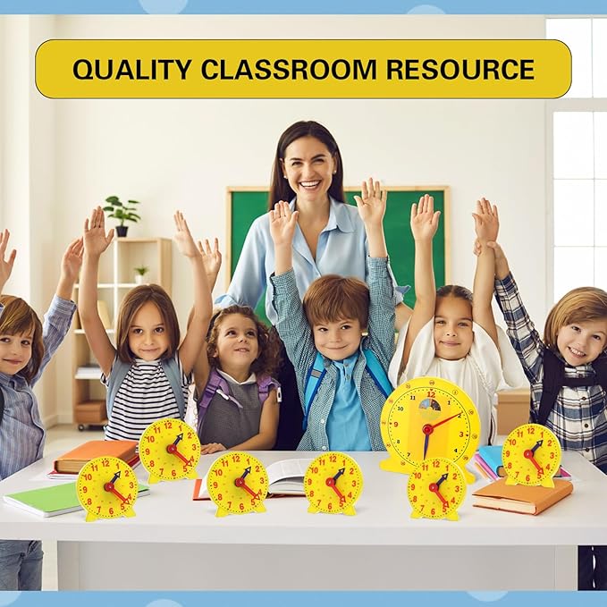 Lenwen 26 Pcs Classroom Clock Kit 24 Hours Learn to Tell Time Teaching Clock Toy for Kids Teaching Time Resources for Kids Learning Teacher Classroom Supplies (Yellow)