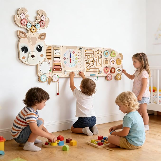 Reindeer Activity Wall Busy Board Panels, 12-in-1 Sensory Wall Panel for Kids, Toddler Montessori Learning Activity Center, Perfect for Toddler Playroom Nursery Classroom Dentist Waiting Room