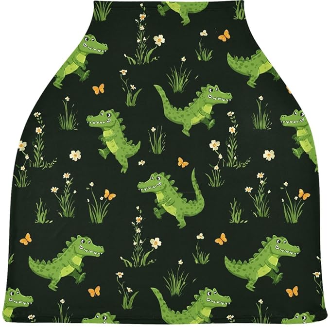 Cute Crocodile Baby Car Seat Covers Green Alligator Grass Carseat Canopy Soft Infant Stroller Cover Nursing Breastfeeding Covers for Girls Boys Newborn Fit Summer Spring Autumn