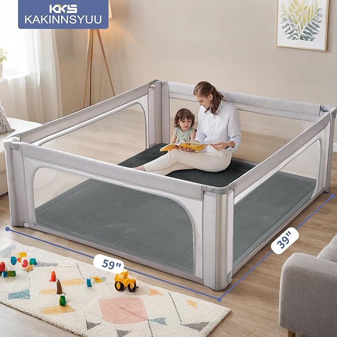 2-Inch Extra Thick Baby Play Mat For Floor, Ultra Soft Nursery Rug, 59"x39" Large Kids Rug for Tummy Time, Flannel Cover with Powder-Free Memory Foam Non-Slip Base Crawling Mat for Infants Toddlers
