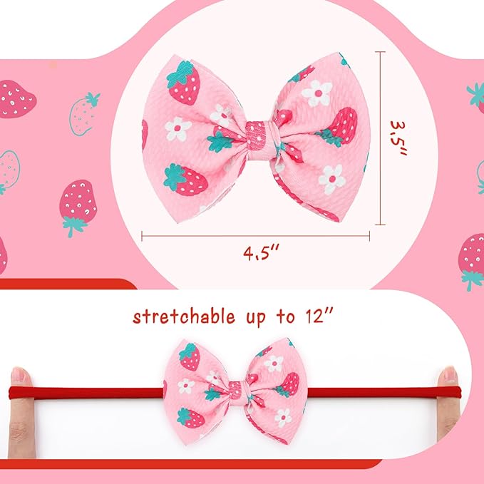 3 Pcs Baby Girl Headbands 4.5’’ Pink Bows Strawberry Hair Accessories Summer Outfits for Newborn Infant Toddler Girls Clothes
