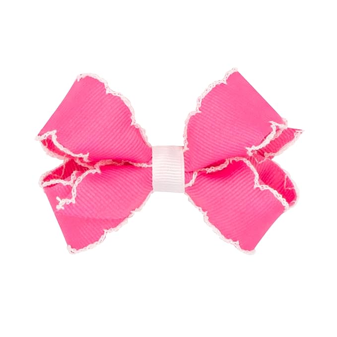 Wee Ones Girls' Classic Grosgrain Moonstitch Edge Hair Bow, No-Slip Hair Clip, Handmade, Hot Pink with White, Mini