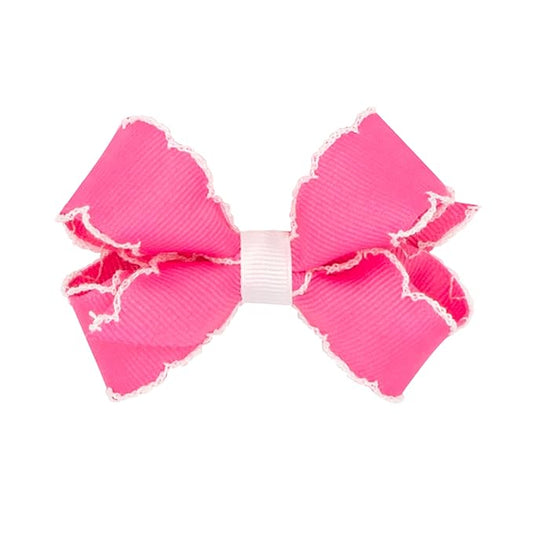 Wee Ones Girls' Classic Grosgrain Moonstitch Edge Hair Bow, No-Slip Hair Clip, Handmade, Hot Pink with White, Mini