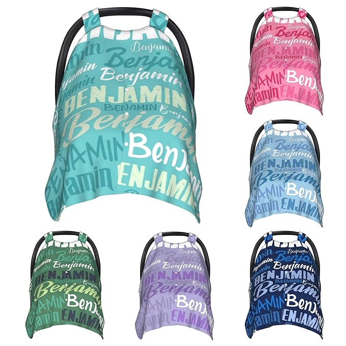 Personalized Baby Car Seat Canopy for Babies, Custom Name Baby Car Seats Covers for Boys Girls, Opening Minky Nursing Breastfeeding Cover for Infant, Carseat Canopies for Newborn (Cyan)