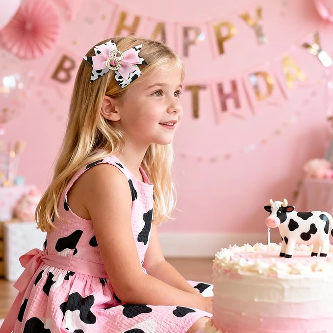 YanJie 4'' Baby Girl Birthday Hair Bow for 8 Year Old Girls Cow Print Glitter Pink Toddler Hair Clips Hair Accessories Birthday Bows for Eight Years