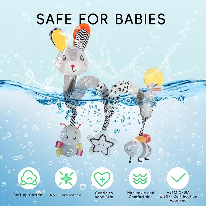 Baby Spiral Activity Toy, Stroller & Car Seat Hanging Toy for 0-12 Months, High Contrast Newborn Sensory Toy with Rattle & Crinkle Paper, Infant Travel Plush Toy for Crib Bassinet